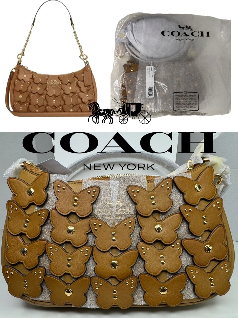 NWT COACH CAJ97 Teri Shoulder Bag With Butterfly Applique Leather Honey Brown